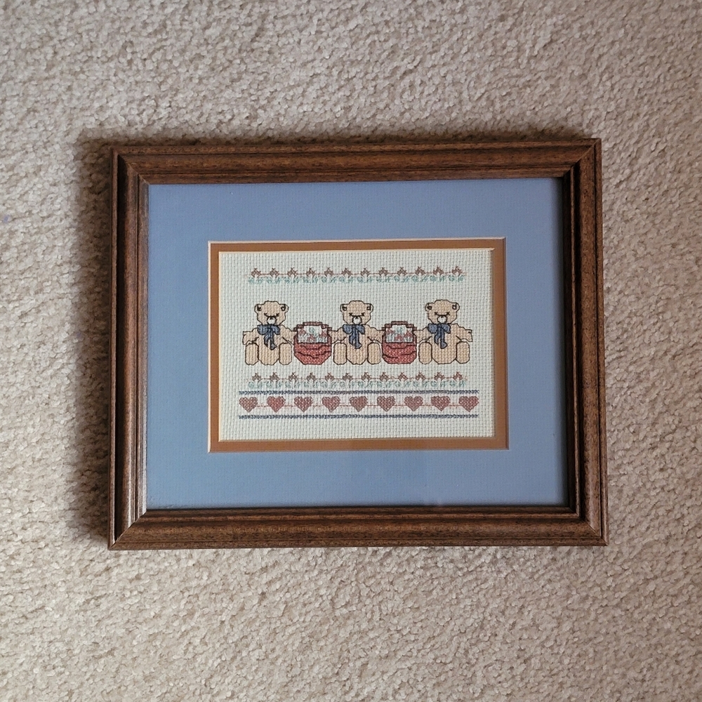 CROSS STITCH ♡ Double Matted 'n Framed Art Cross Stitched Teddy Bear 'n ❤️'s